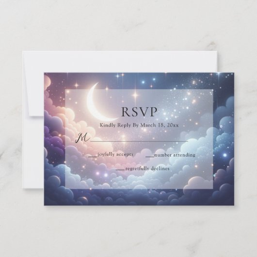 Hemelse Maan en Sterren Blauwe Bruiloft RSVP Kaartje (Voorkant)