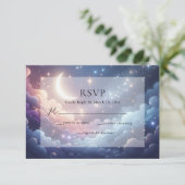 Hemelse Maan en Sterren Blauwe Bruiloft RSVP Kaartje (Staand voorkant)