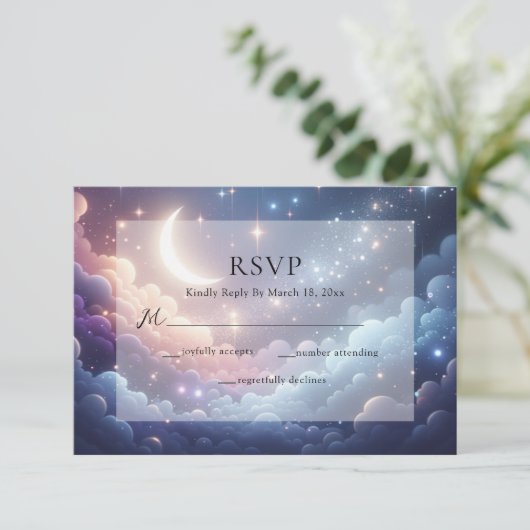 Hemelse Maan en Sterren Blauwe Bruiloft RSVP Kaartje (Staand voorkant)