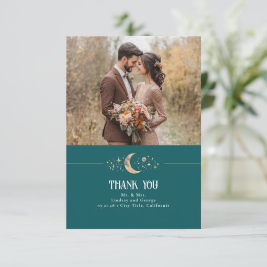 Hemelse Maan en Sterren Blauwgroen Dank U Foto Bedankkaart (Staand voorkant)