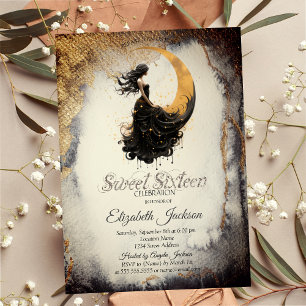Hemelse Maan Meisje Aquarel Goud Sweet 16 Kaart