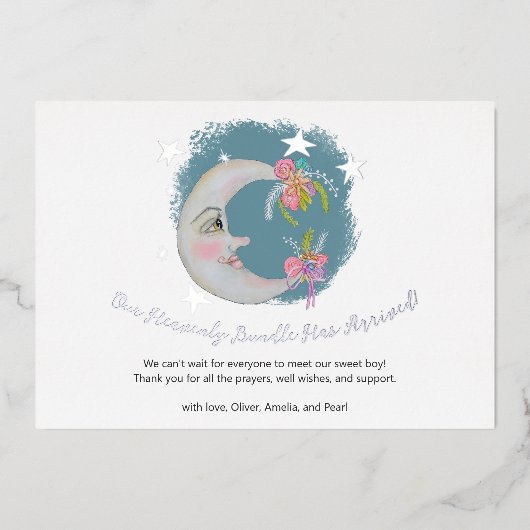 Hemelse Maan Sterren Bloemen Blauw Geboorte Aankon Folie Uitnodiging (Voorkant)