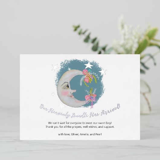 Hemelse Maan Sterren Bloemen Blauw Geboorte Aankon Folie Uitnodiging (Staand Voorkant)