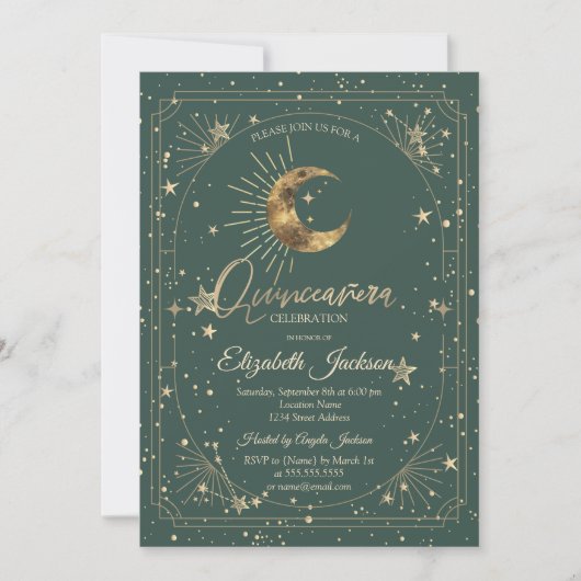 Hemelse Maan Sterren Frame Quinceanera Kaart (Voorkant)