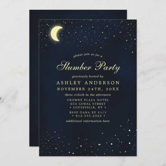 Hemelse Maan Sterren Middenblauw Slaapfeestje Kaart (Voorkant / Achterkant)