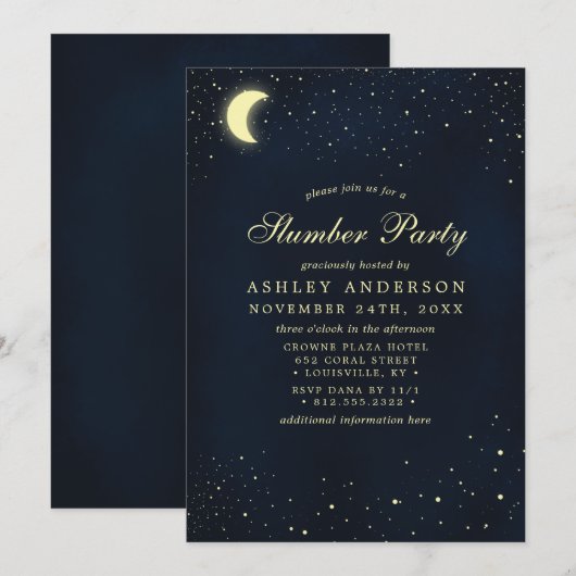 Hemelse Maan Sterren Midnight Blue Slaperparty Kaart (Voorkant / Achterkant)