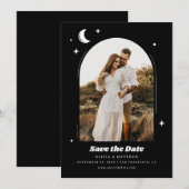 Hemelse Maan & Sterren. Moderne zwarte foto bruilo Save The Date (Voorkant / Achterkant)