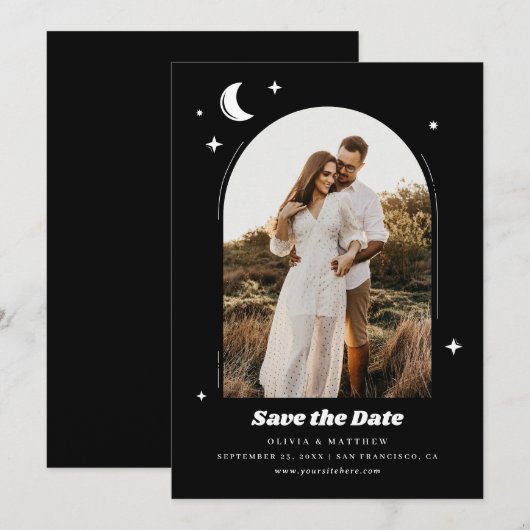 Hemelse Maan & Sterren. Moderne zwarte foto bruilo Save The Date (Voorkant / Achterkant)
