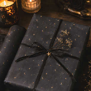 Hemelse Maan Sterren Zwart Goud Winterzonnewende Cadeaupapier