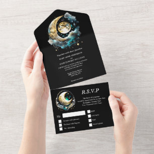 Hemelse maan sterrenhemel zwarte lucht blauw groen all in one uitnodiging