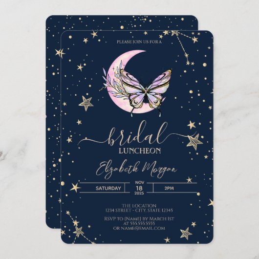 Hemelse Maan Vlinder Blauw Bruids Luncheon Kaart (Voorkant / Achterkant)