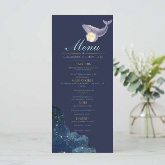 Hemelse Maandelijkse Baby Shower Menukaart | Walvi (Staand voorkant)