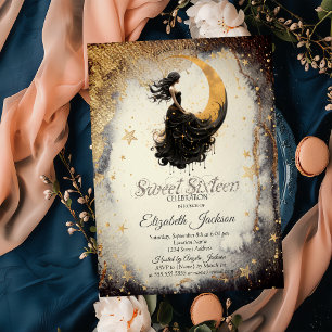 Hemelse Maanmeisje Aquarel Gouden Sterren Sweet 16 Kaart