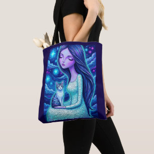 Hemelse Maanmeisje Mystieke Kat Fantasie Kunst Tot Tote Bag
