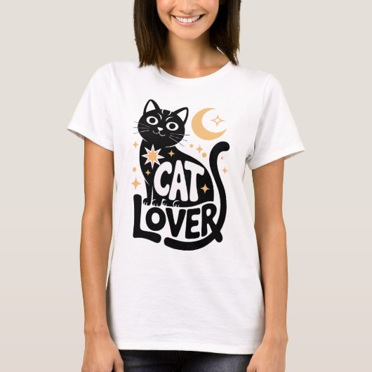 Hemelse Magie Zwarte Kat Liefhebber Design T-shirt (Voorkant)