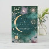 Hemelse Magische Maan & Sterren Emerald Wedding Kaart (Staand voorkant)