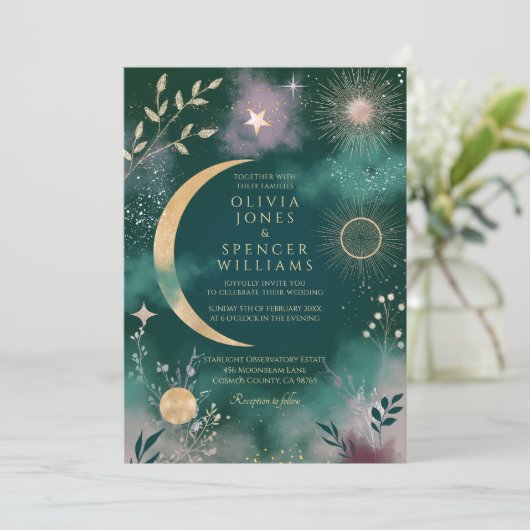 Hemelse Magische Maan & Sterren Emerald Wedding Kaart (Staand voorkant)