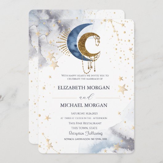 Hemelse manen, sterren bruiloft uitnodiging (Voorkant / Achterkant)
