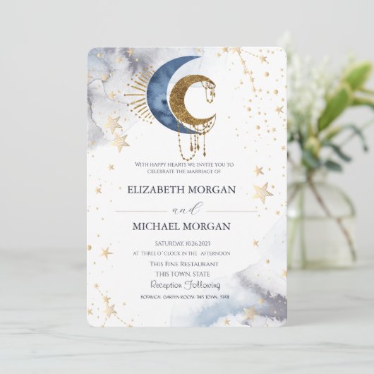 Hemelse manen, sterren bruiloft uitnodiging (Staand voorkant)