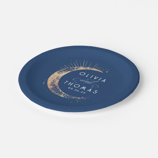 Hemelse Marine Blauw en Goud Mystiek Huwelijk Papieren Bordje (Gekanteld)