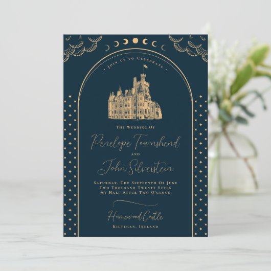 Hemelse Marine Blauw Goud  Kasteel Wedding Kaart (Staand voorkant)