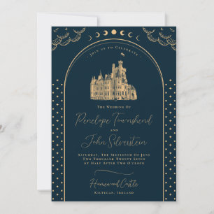 Hemelse Marine Blauw Goud  Kasteel Wedding Kaart