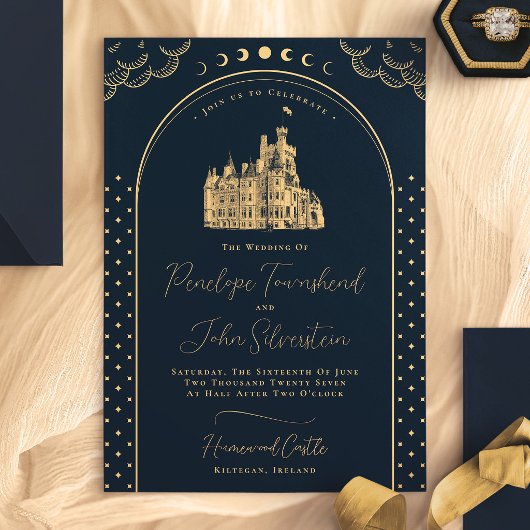 Hemelse Marine Blauw Goud Kasteel Wedding Kaart