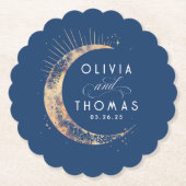 Hemelse Marine Blauwe en Gouden Sterren Maanbruilo Kartonnen Onderzetters (Voorkant)
