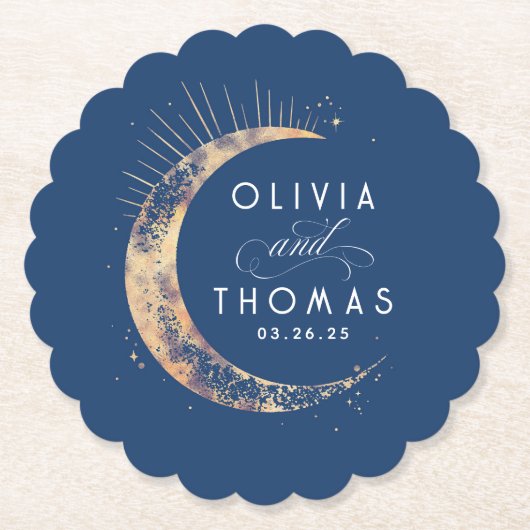 Hemelse Marine Blauwe en Gouden Sterren Maanbruilo Kartonnen Onderzetters (Voorkant)