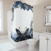 Hemelse Marine Blauwe en Gouden Vlinder Douchegordijn (In situ)