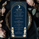 Hemelse Marine Elegante Arch Art Nouveau Huwelijk Menu<br><div class="desc">Verhoog uw evenement met ons op Art Nouveau geïnspireerde menu! Met een stralende gouden boog, glinsterende sterren en delicate witte bloemen tegen een diepe marine-achtergrond, voegt dit ontwerp tijdloze elegantie toe aan uw tafel. Het is perfect voor bruiloften, gala's en chique bijeenkomsten! Houd er rekening mee dat het goud op...</div>