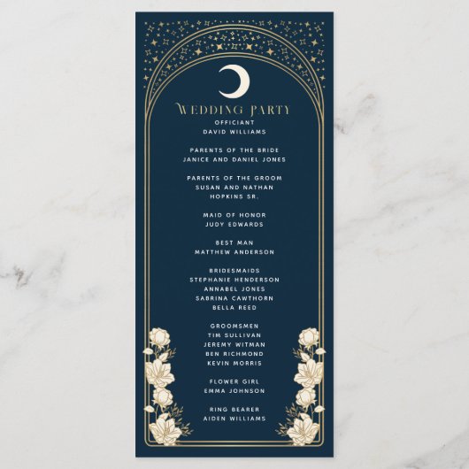 Hemelse Marine Elegante Arch Art Nouveau Huwelijk Programmakaart (Achterkant)