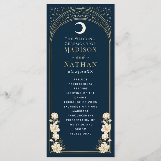 Hemelse Marine Elegante Arch Art Nouveau Huwelijk Programmakaart (Voorkant)