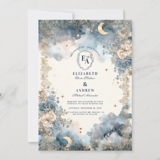 Hemelse marine en gouden bloemenbruiloft kaart (Voorkant)