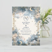 Hemelse marine en gouden bloemenbruiloft kaart (Staand voorkant)