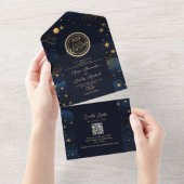 Hemelse Marine Goud QR Code Trouwen All In One Uitnodiging (Afscheurbaar)