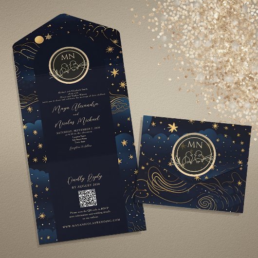 Hemelse Marine Goud QR Code Trouwen All In One Uitnodiging