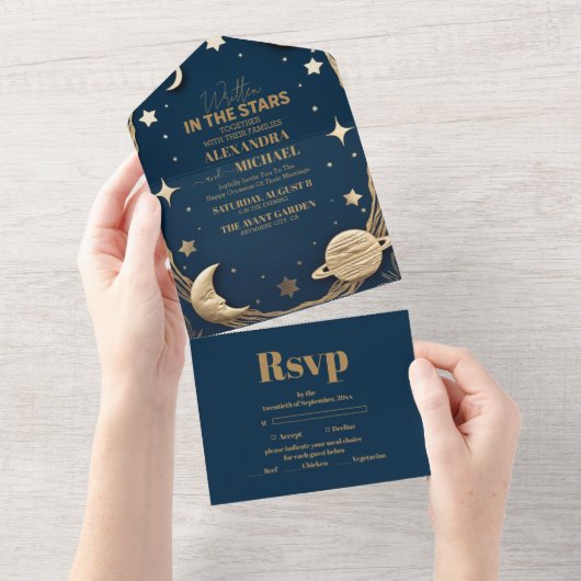 Hemelse Marine Gouden Halve Maan bruiloft All In One Uitnodiging (Afscheurbaar)