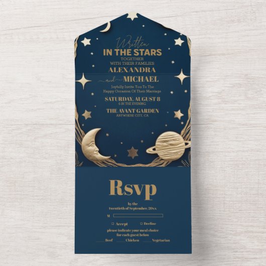 Hemelse Marine Gouden Halve Maan bruiloft All In One Uitnodiging (Binnen)