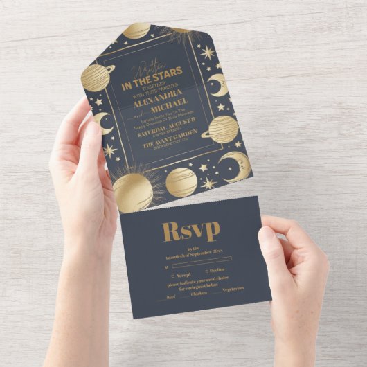 Hemelse Marine Gouden Halve Maan bruiloft All In One Uitnodiging (Afscheurbaar)