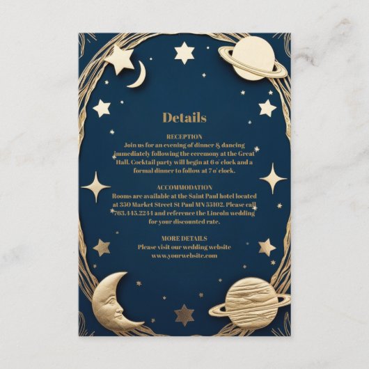 Hemelse Marine Gouden Halve Maan bruiloft Informatiekaartje (Voorkant)