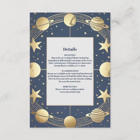 Hemelse Marine Gouden Halve Maan Bruiloft Informatiekaartje (Voorkant)