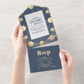 Hemelse Marine Gouden Halve Maan Huwelijk All In One Uitnodiging (Afscheurbaar)