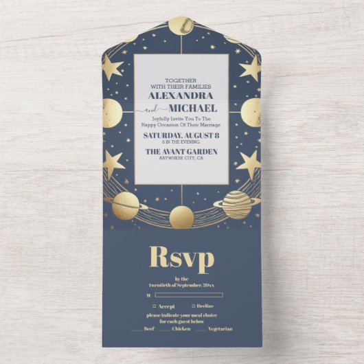 Hemelse Marine Gouden Halve Maan Huwelijk All In One Uitnodiging (Binnen)