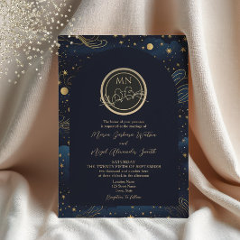 Hemelse Marine Gouden Monogram Huwelijk Kaart