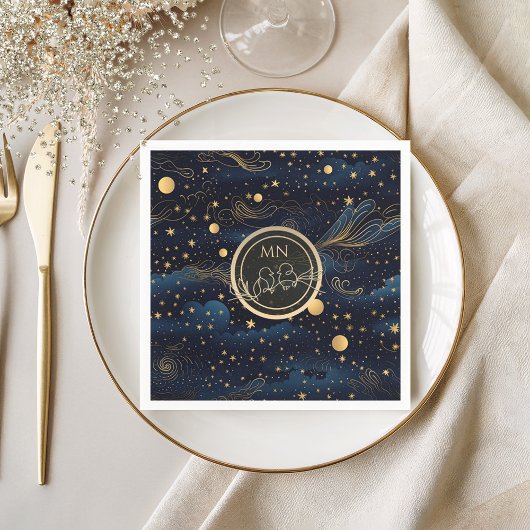 Hemelse Marine Gouden Monogram Huwelijk Servet