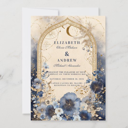 Hemelse Midnight Blue en Gold Wedding Kaart (Voorkant)