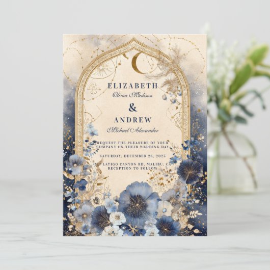 Hemelse Midnight Blue en Gold Wedding Kaart (Staand voorkant)