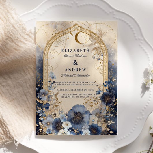 Hemelse Midnight Blue en Gold Wedding Kaart