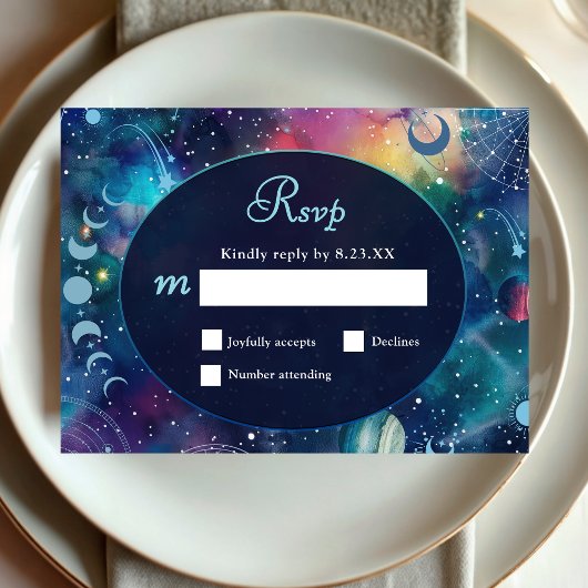 Hemelse Midnight Moon Wedding RSVP Kaartje